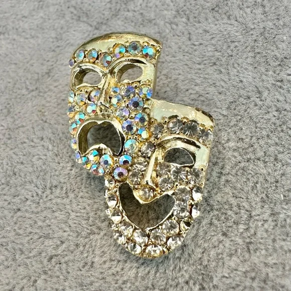 Vintage Gold Tone Aurora Borealis Rhinestone Comedy Tragedy Theater Mask Brooch - Picture 2 of 5